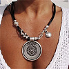 Bohemia Style Flat Round Alloy with Wax Imitation Leather Cord Pendant Necklaces FS-WG38B23-01-1