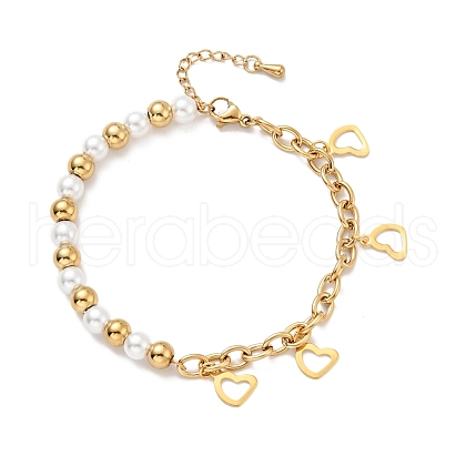 201 Stainless Steel Heart Charm Bracelet BJEW-A126-10G-1