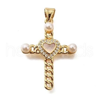 Brass Micro Pave Cubic Zirconia ABS Imitation Pearl Pendants KK-D328-03G-A-1