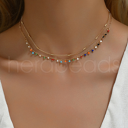 Colorful Brass & Glass Seed Beads Tassel Double Layered Necklaces for Beach Vacation PT2083-1