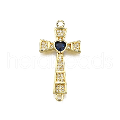 Brass Micro Pave Clear & Blue Cubic Zirconia Religion Heart Cross Connector Charms KK-Z100-22G-02-1