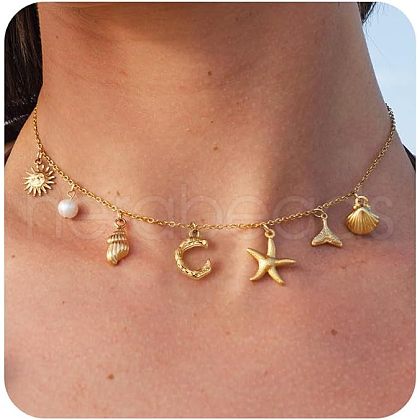 Summer Brass Initial Letter Starfish Shell Shaped Pendant Bib Necklaces for Women FS-WGBCAD2-13-1