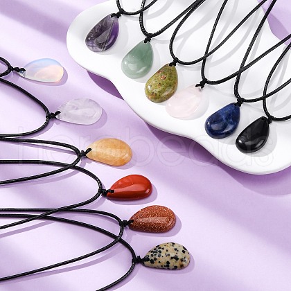Natural & Synthetic Mixed Gemstone Teardrop Pendant Black Waxed Cord Adjustable Necklaces NJEW-G169-01-1