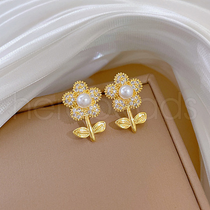Flower 304 Stainless Steel Micro Pave Clear Cubic Zirconia with Plastic Pearl Stud Dangle Earrings FS-WGEF150-02-1