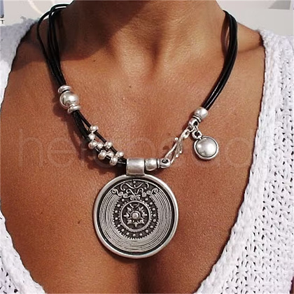 Bohemia Style Flat Round Alloy with Wax Imitation Leather Cord Pendant Necklaces FS-WG38B23-01-1