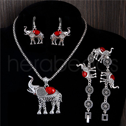 Elephant Alloy & Synthetic Turquoise Pendant Necklace & Dangle Earring & Bracelets Sets FS-WG41C85-01-1
