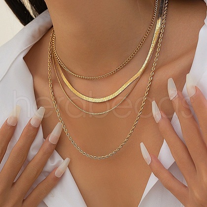 4Pcs 4 Styles Iron & Brass Chain Necklaces Set NJEW-V003-05G-1