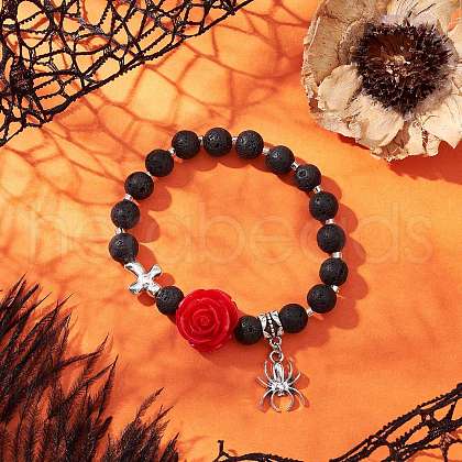 Halloween Theme Natural & Synthetic Lava Rock Round Beads Stretch Bracelets BJEW-MZ00185-02-1
