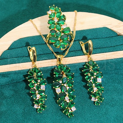 Leaf Brass Cubic Zirconia Pendant Necklaces & Hoop Earrings & Rings Sets FS-WGD46EA-07-1