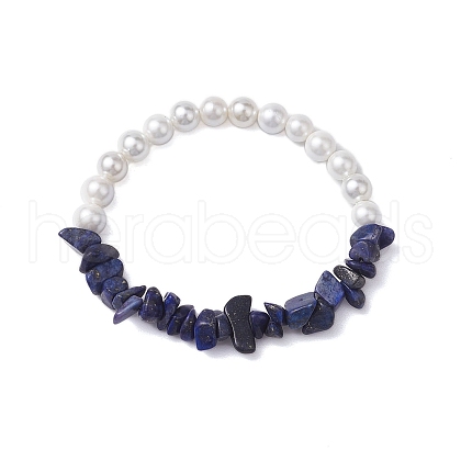 Natural Lapis Lazuli Chip & Round Pearl Shell Stretch Bracelets for Women BJEW-JB10552-01-1