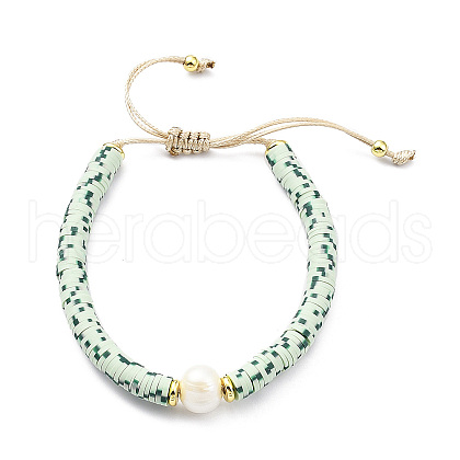 Mother's Day Jewellery Adjustable Natural Pearl & Polymer Clay Disc Braided Beaded Bracelet for Women BJEW-O187-06-1