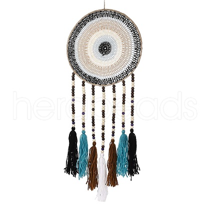 Round Woven Net/Web with Feather Pendant Decoration HJEW-H062-01B-01-1