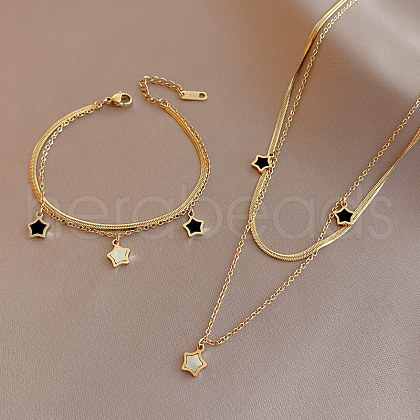 Star Stainless Steel with Natural Shell Double Layer Pendant Necklaces & Charm Bracelets Sets WGBAFA5-03-1