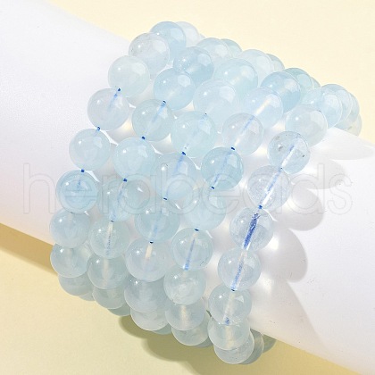 Natural Aquamarine Round Bead Stretch Bracelets for Men Women BJEW-U034-01A-01-1