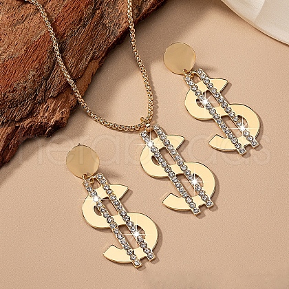 Dollar Sign Alloy Rhinestone & Glass Pendant Necklaces & Stud Dangle Earrings Sets FS-WGD45F5-01-1