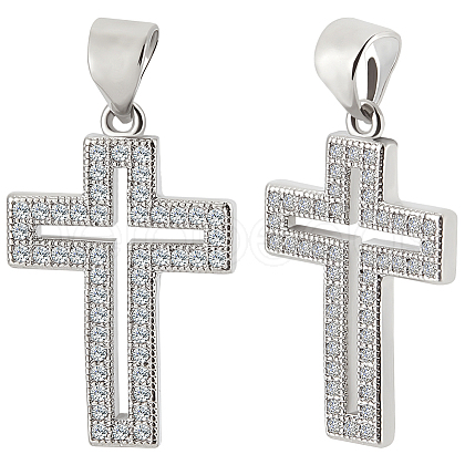 Beebeecraft 6Pcs Cross Brass Micro Pave Clear Cubic Zirconia Pendants KK-BBC0016-27-1