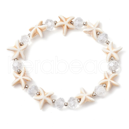 Summer Beach  Starfish Dyed Synthetic Turquoise & Faceted Glass Beaded Stretch Bracelets for Women Men BJEW-JB10454-01-1
