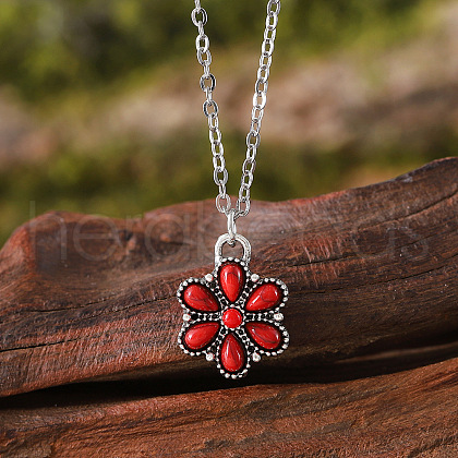 Alloy Pave Dyed Synthetic Turquoise Pendant Flower Necklaces FS-WG8B1C9-03-1
