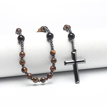 Black Natural Bead Long Chain Black Onyx Cross Necklace for Men PM3640-2-1