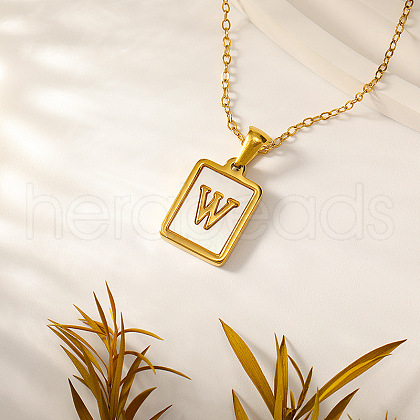Rectangle Stainless Steel Pave Natural White Shell Initial Pendant Necklaces for Women FS-WGB5EDA-23-1