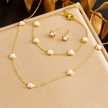 Stainless Steel & Pearl Chain Necklace & Bracelet & Stud Earring FS-WG047CA-08-1