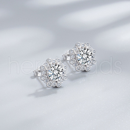 Flower 925 Sterling Silver Pave Cubic Zirconia Stud Earrings FS-WG92113-01-1