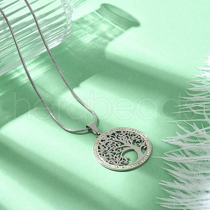 304 Stainless Steel Crystal Rhinestone Tree of Life Pendant Necklaces for Women NJEW-P327-03P-1