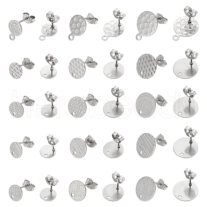 MAYJOYDIY US 15 Style Textured Flat Round 304 Stainless Steel Ear Stud Findings STAS-MA0001-06P-1