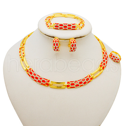 Snakeskin Pattern Alloy Rhinestone Enamel Pendant Necklaces & Ear Clip & Ring & Link Bracelets Sets FS-WG652F0-01-1