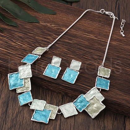 Square Zinc Alloy Enamel Pendant Necklaces & Stud Dangle Earrings Sets FS-WG2E030-07-1