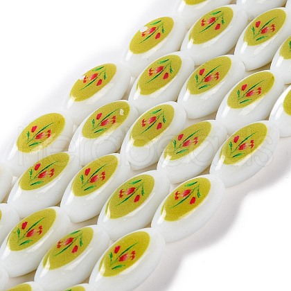 Printing Glass Oval Beads for Necklaces Bracelets Making GLAA-B020-01A-03-1