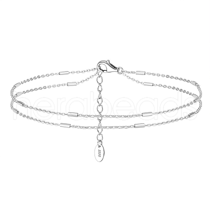 Rhodium Plated 925 Sterling Silver Double Layered Cable Chain Anklet with Beads AJEW-F162-006P-1