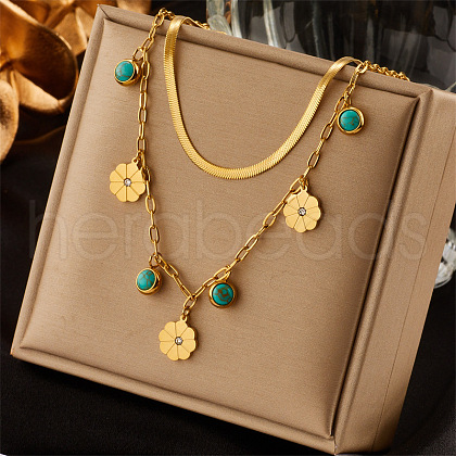 304 Stainless Steel & Synthetic Turquoise Pendant Double Layer Necklaces for Women FS-WG34384-03-1