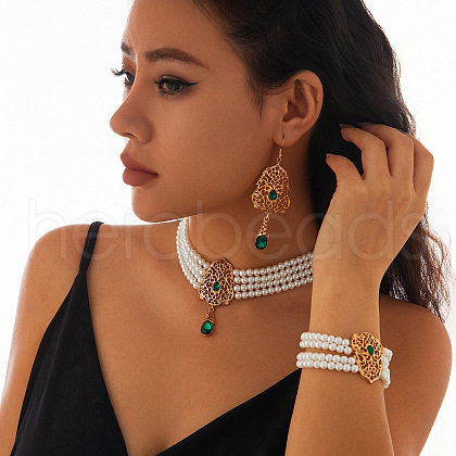 Teardrop Alloy & Glass Rhinestone Pendant Necklace & Stud Dangle Earring & Bracelet FS-WG89F11-04-1