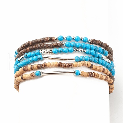 6Pcs 6 Style Natural Coconut & Synthetic Turquoise Beaded Stretch Anklets Set with Brass Tube AJEW-AN00482-1