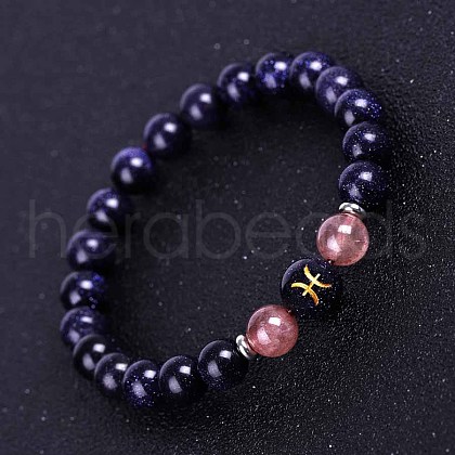 Pisces Round Synthetic Blue Goldstone & Natural Strawberry Quartz Stretch Bracelets for Women Men EA3132-4-1