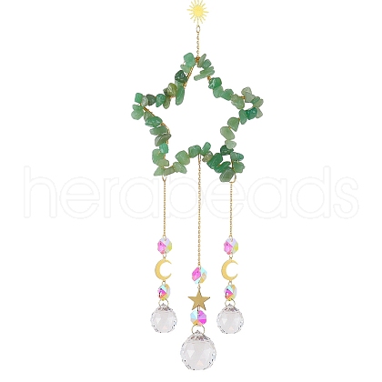 Natural Green Aventurine Chip Wrapped Metal Star Hanging Ornaments PW-WG25242-01-1