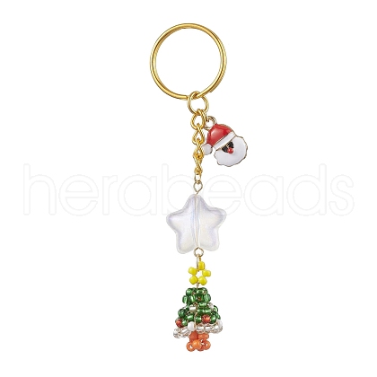 Christmas Theme Glass Seed Beads & Alloy Enamel Charms Keychain KEYC-MZ00008-1