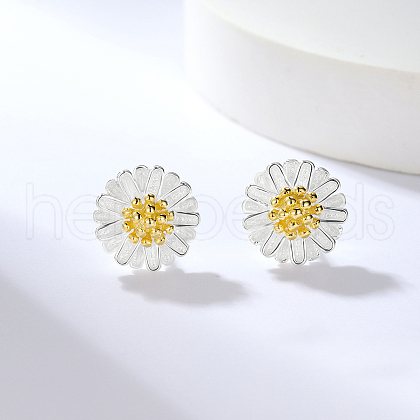 S925 Sterling Silver Two Tone Sunflower Stud Earrings QV9764-1
