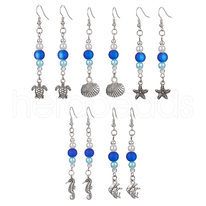 5 Pairs 5 Styles Ocean Theme Alloy Dangle Earrings EJEW-JE05475-S-1