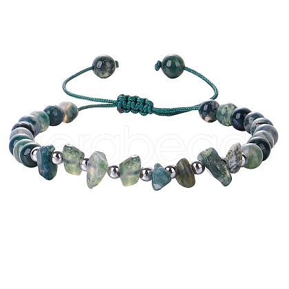 Natural Moss Agate Round Beads & Chips Braided Bead Bracelets for Women Men MK7724-11-1