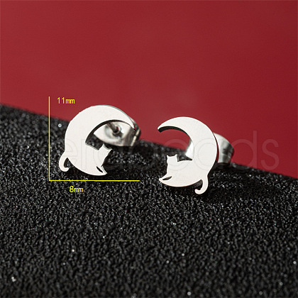 Stainless Steel Moon & Cat Shape Stud Earrings PW-WG97D36-02-1