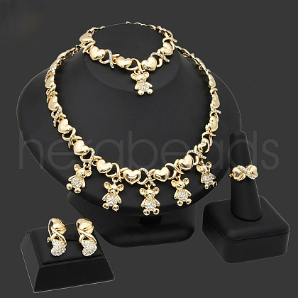 Bear Alloy with Crystal Rhinestone Link Chain Necklace & Bracelet & Stud Earring & Ring FS-WGE7BD9-04-1