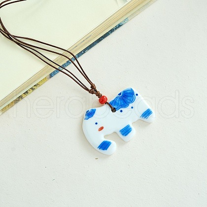 Porcelain Pendant Adjustable Imitation Leather Cord Necklaces for Women FS-WGE6687-12-1