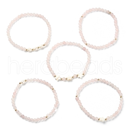 5Pcs 5 Style Natural Rose Quartz & Pearl & Shell Star Beaded Stretch Bracelets Set BJEW-JB09495-01-1