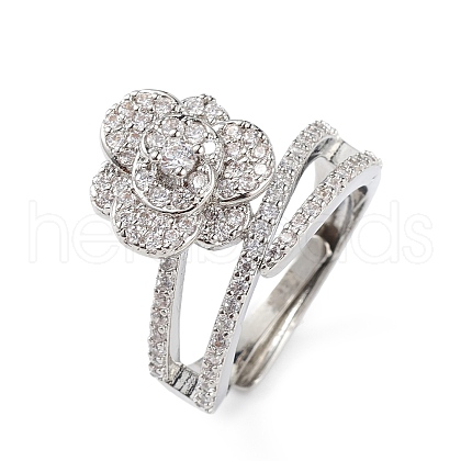 Clear Cubic Zirconia Flower Adjustable Ring RJEW-L100-021P-1