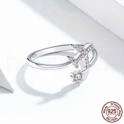 Airplane & Flower Rhodium Plated 925 Sterling Silver Micro Pave Clear Cubic Zirconia Cuff Rings for Women FS-WGB9FE4-01-1