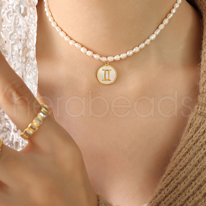 Mother's Day Jewellery 304 Stainless Steel Pave Natural White Shell Constellation Pendant Natural Freshwater Pearl Rice Beaded Necklaces for Women FS-WG631DE-09-1