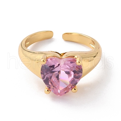 Mother's Day Rings Heart Pink Cubic Zirconia Cuff Ring for Valentine's Day RJEW-C017-08G-RS-1