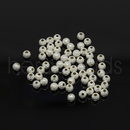 4mm Silver Color Plated Brass Round Textured Beads X-EC247-S-1